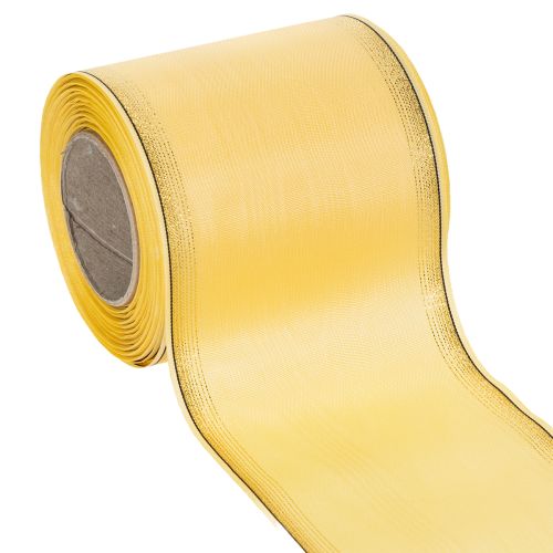 Floristik24 Nastro decorativo moiré giallo con bordo dorato, larghezza 100 mm, lunghezza 25 m, ideale per composizioni floreali e decorazioni.
