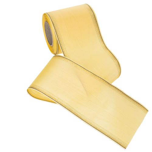 Prodotto Nastro decorativo moiré giallo con bordo dorato, larghezza 100 mm, lunghezza 25 m, ideale per composizioni floreali e decorazioni.