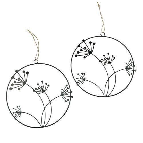 Floristik24 Anello decorativo in metallo da appendere decorazione fiori neri Ø23 cm 2 pezzi