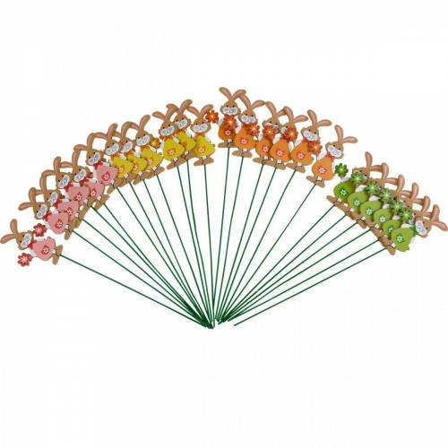 Floristik24 Tappo decorativo Coniglietto pasquale con fiore Decorazione pasquale coniglietti in legno su bastoncino 24 pezzi