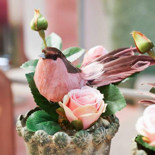 Floristik24 Uccello piuma su filo rosa 12cm 4pz