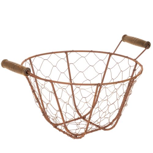 Cestino rotondo vintage in filo metallico con manici in legno, cestello in metallo, finitura ruggine, Ø22cm acquistare | Floristik24.it
