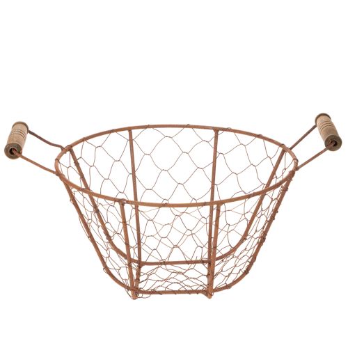 Cestino rotondo vintage in filo metallico con manici in legno, cestello in metallo, finitura ruggine, Ø22cm | Floristik24.it