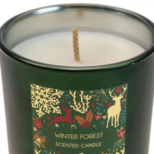 Floristik24 Candela profumata Candela natalizia foresta invernale vetro verde Ø7/H8cm