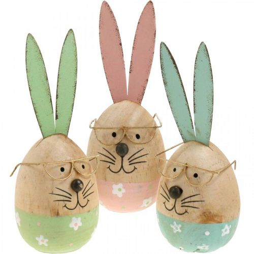 Coniglietto pasquale con occhiali figura decorativa uovo in legno Ø5cm H13.5cm 3pz