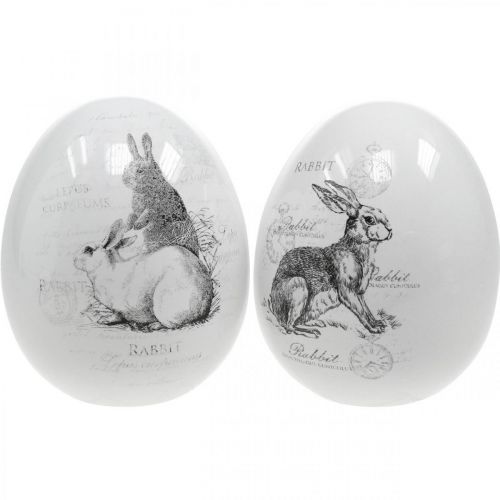 Floristik24 Uovo in ceramica, decorazione pasquale, uovo pasquale con conigli bianco, nero Ø10cm H12cm set di 2