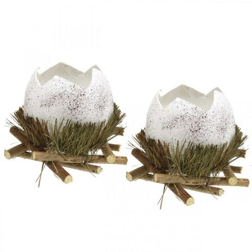 Floristik24 Decorazione pasquale, uovo nel nido, uovo decorativo, nido d&#39;uccello Ø9cm H10cm bianco, colori naturali 4 pezzi