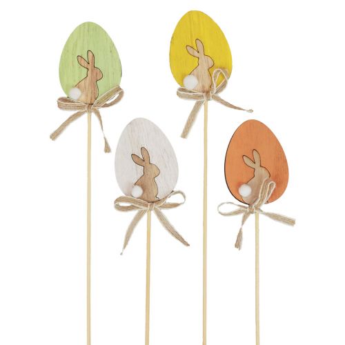 Tappi per fiori Decorazione pasquale Uovo in legno con coniglietto colorato 5×7 cm 12 pz