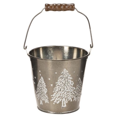 Secchiello decorativo con abeti e manico in legno, 13 cm