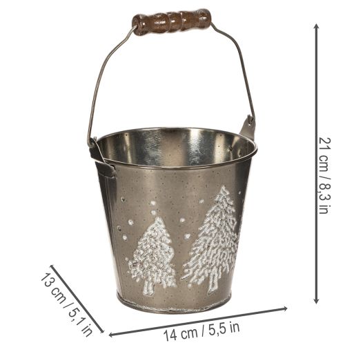 Secchiello decorativo con abeti e manico in legno, 13 cm | Floristik24.it