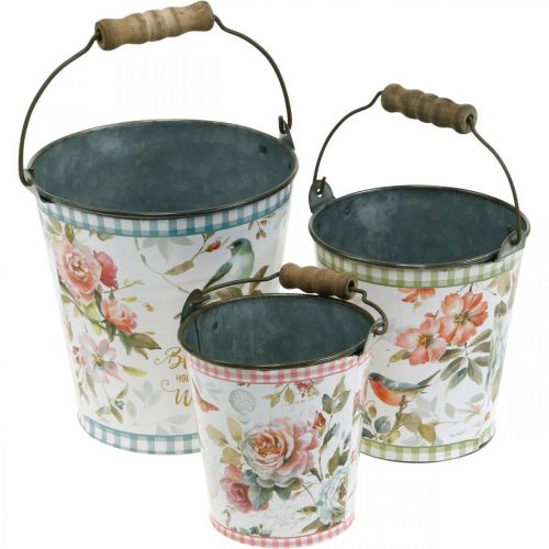 Secchio in metallo effetto vintage, decoro primaverile, secchio per piante, decoro in metallo H15 / 11 / 9,5 cm set di 3