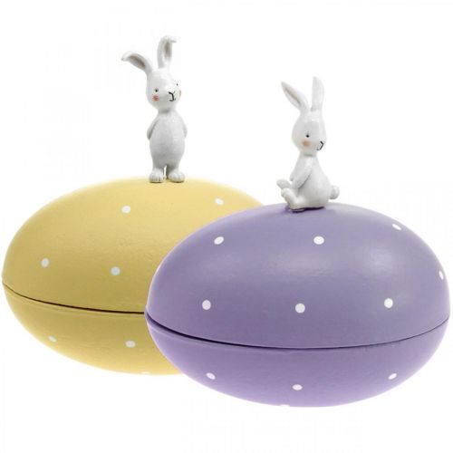 Floristik24 Coniglietto su uovo, uovo decorativo da riempire, Pasqua, scatola decorativa gialla, viola H17/16cm L15cm set di 2