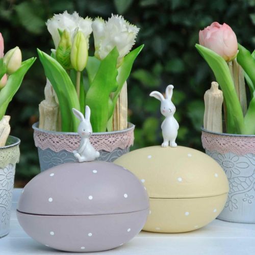 Floristik24 Coniglietto su uovo, uovo decorativo da riempire, Pasqua, scatola decorativa gialla, viola H17/16cm L15cm set di 2