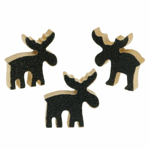 Prodotto Decorazione natalizia in legno di alce glitter nero 5 × 5,5 cm 12 pezzi