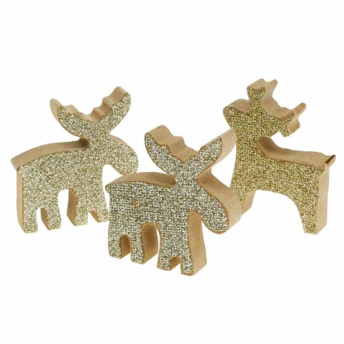 Floristik24 Alce di Natale sparse in legno dorato, glitter 5 × 5,5 cm 12 pezzi