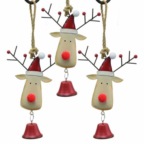 Floristik24 Ciondolo natalizio testa di alce con campana 11,5 cm rosso, beige 3 pezzi