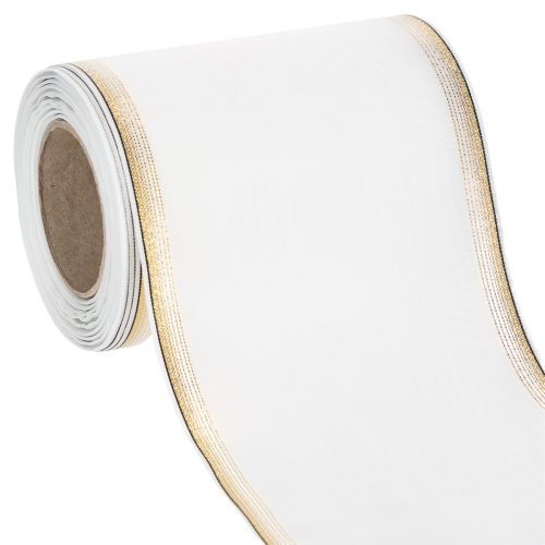 Elegante nastro per ghirlande Moiré, 125 mm, bianco con bordo dorato - Nastro decorativo di alta qualità per fiori e celebrazioni acquistare | Floristik24.it