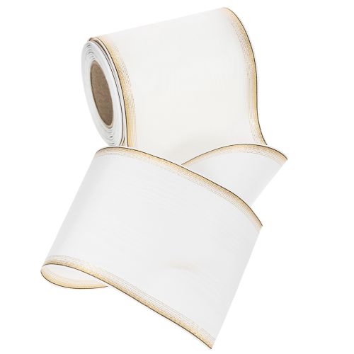 Elegante nastro per ghirlande Moiré, 125 mm, bianco con bordo dorato - Nastro decorativo di alta qualità per fiori e celebrazioni | Floristik24.it
