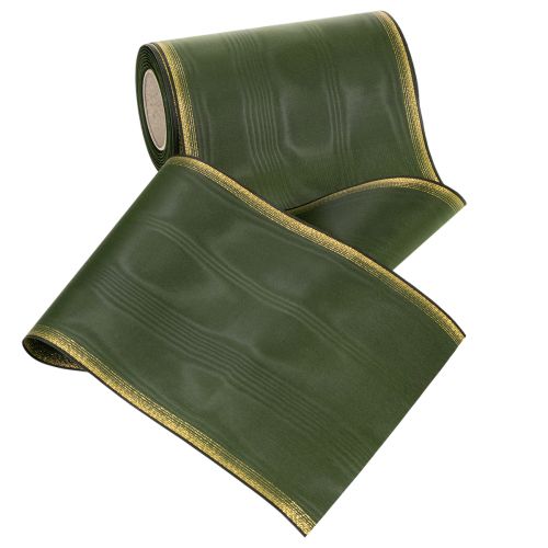 Prodotto Elegante nastro a ghirlanda in moiré, 175 mm, verde scuro con bordo perlato e trama in taffetà per occasioni festive.