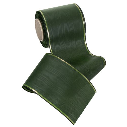Prodotto Elegante nastro moiré verde per ghirlande con bordo dorato, 100 mm x 25 m, per composizioni floreali e decorazioni funebri.