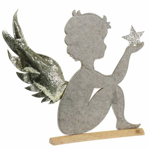 Supporto angelo natalizio su tronco di betulla feltro crema, oro H46cm