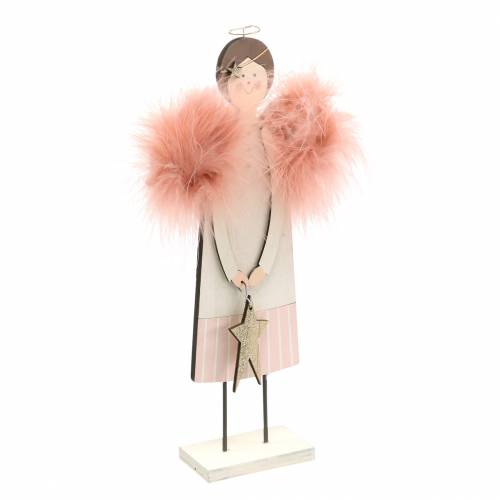 Angelo con ali di piume rosa 28cm legno