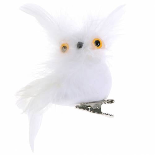Gufo decorativo su clip bianco 10 cm 4 pezzi