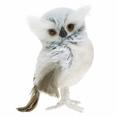 Gufo decorativo bianco con pelliccia e piume 21cm