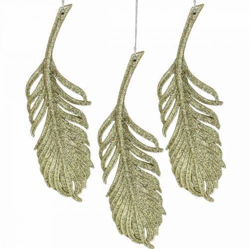 Piume decorative, decorazioni per alberi con glitter, decorazioni per l&#39;avvento, piume per appendere dorate L22cm 12 pezzi