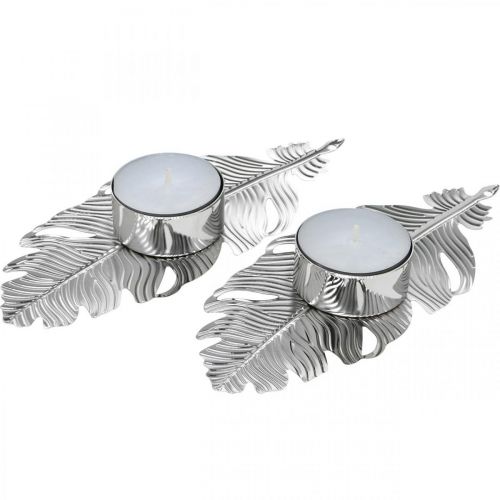 Floristik24 Piume portacandela, decorazione dell'avvento, decorazione in metallo, portacandele argento Ø3.8cm L16.5cm 4 pezzi