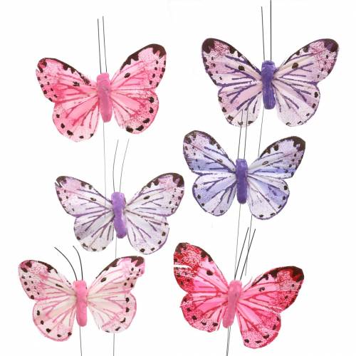 Floristik24 Filo metallico farfalla piuma rosa, viola 7cm 12 p