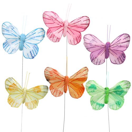 Farfalla piuma su filo colorato 6cm 12pz