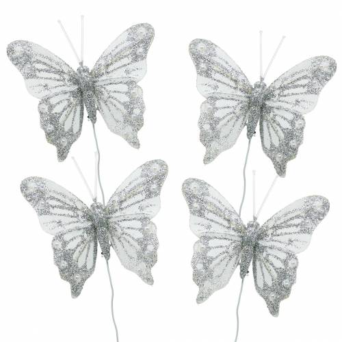 Floristik24 Farfalla piuma bianca con mica 7,5cm 4pz