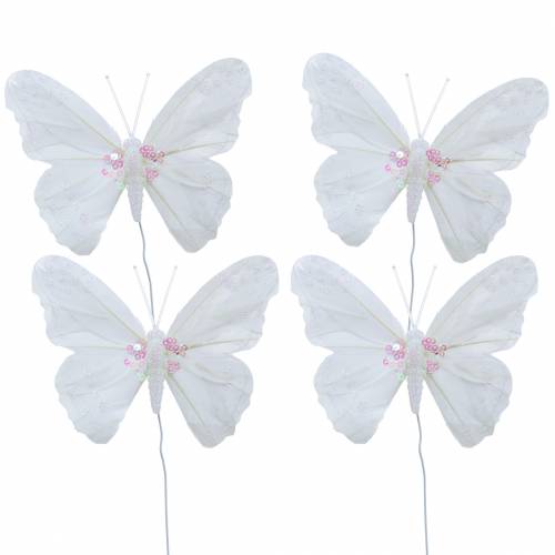 Farfalla piuma su filo 12 cm bianco 3 pezzi