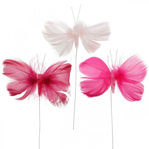 Floristik24 Farfalle di piume rosa/rosa/rosso, farfalle decorative su filo 6pz