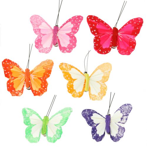 Farfalle con piume su clip multicolore 7cm 12 pezzi