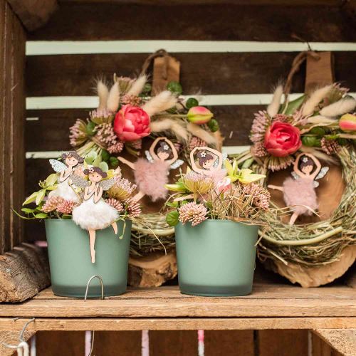 Floristik24 Fate da appendere, decorazione primaverile, decorazione elfo, ciondolo in legno rosa, turchese, bianco H10-11.5cm 9pz