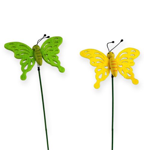 Floristik24 Farfalla in feltro sull'asta 7 cm verde / giallo 24 pezzi