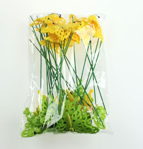 Floristik24 Farfalla in feltro sull'asta 7 cm verde / giallo 24 pezzi