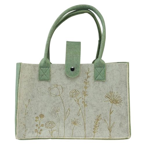 Floristik24 Borsa in feltro con manico con fiori verde panna 30x18x37cm