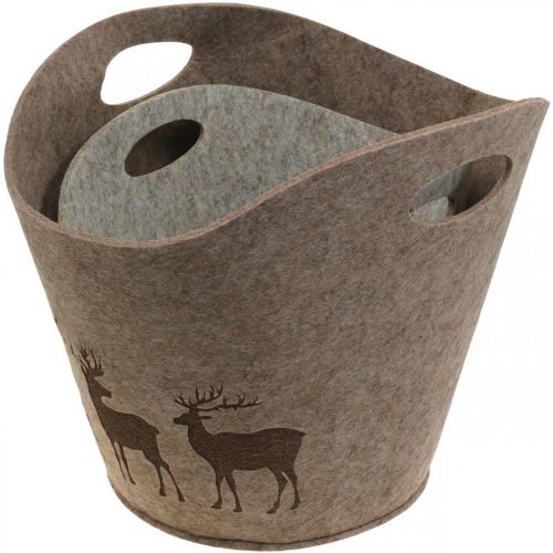 Floristik24 Cesto di feltro per decorazioni natalizie, fioriera rotonda con cervo 38cm / 30cm, set di 2