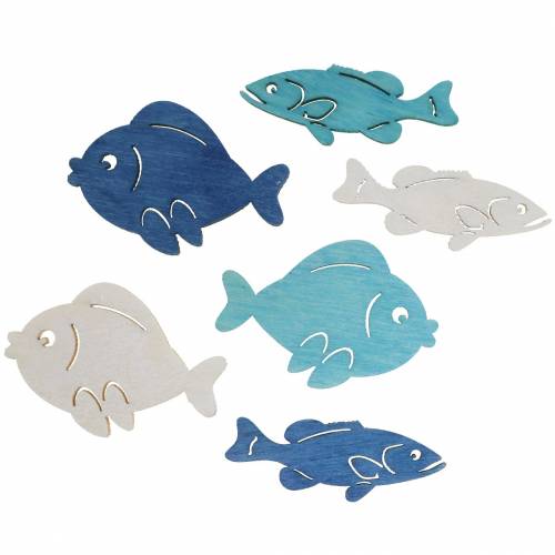 Floristik24 Decorazione a dispersione pesce in legno bianco, blu, azzurro 4 cm 72 pz