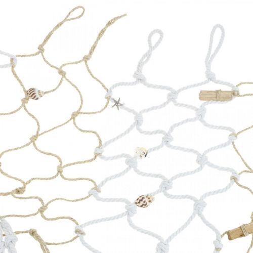 Rete da pesca con conchiglie e legni, marittimo, rete decorativa, decorazione marina 72 × 120 cm