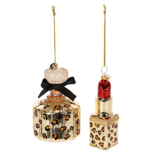 Decorazione per albero di Natale: flacone di profumo e rossetto con stampa leopardata, 11 cm, 2 pezzi acquistare | Floristik24.it