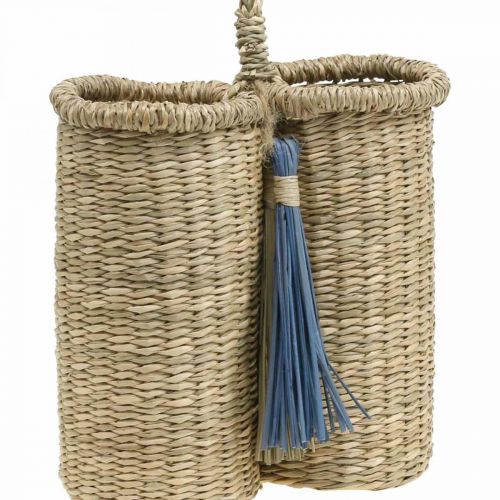 Floristik24 Portabottiglie in erba marina, cesto per bottiglie intrecciato, decorazione da balcone, cesto decorativo per appendere la natura, blu H20cm W22cm