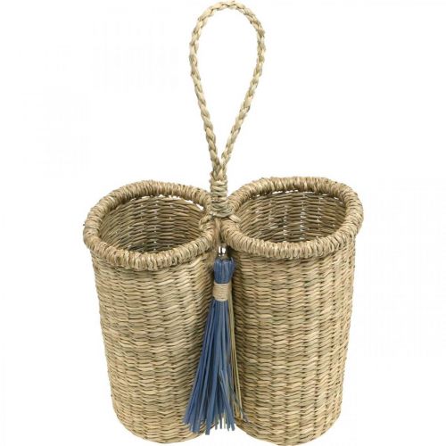 Floristik24 Portabottiglie in erba marina, cesto per bottiglie intrecciato, decorazione da balcone, cesto decorativo per appendere la natura, blu H20cm W22cm