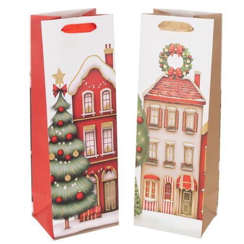 Sacchetto regalo con bottiglia, casetta di Natale e albero di Natale, 36 cm, 2 pezzi