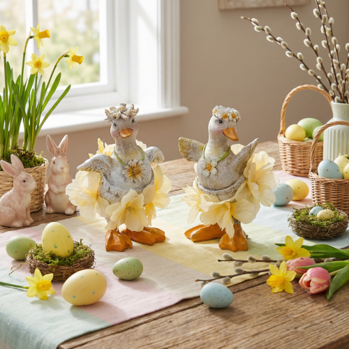 Prodotto Statuetta decorativa di anatra con vestito floreale, primavera, accessorio decorativo estivo dettagliato, 11 cm, 2 pezzi