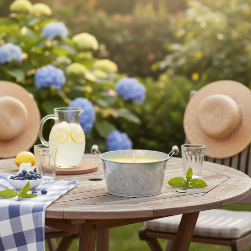 Prodotto Candela profumata alla citronella per esterni in secchiello: illuminazione d'atmosfera e repellente per insetti, 15 cm
