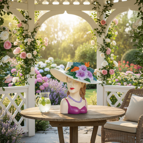 Prodotto Vaso di fiori a forma di donna con cappello, con fiori, decorazione per vasi di piante, per uso interno ed esterno, 20 cm